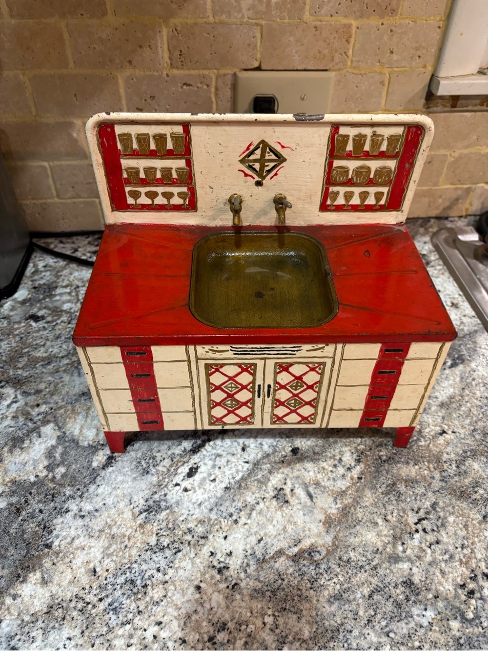 Antique Child's Metal Red and Cream Decorative Sink Cabinet - 1940's